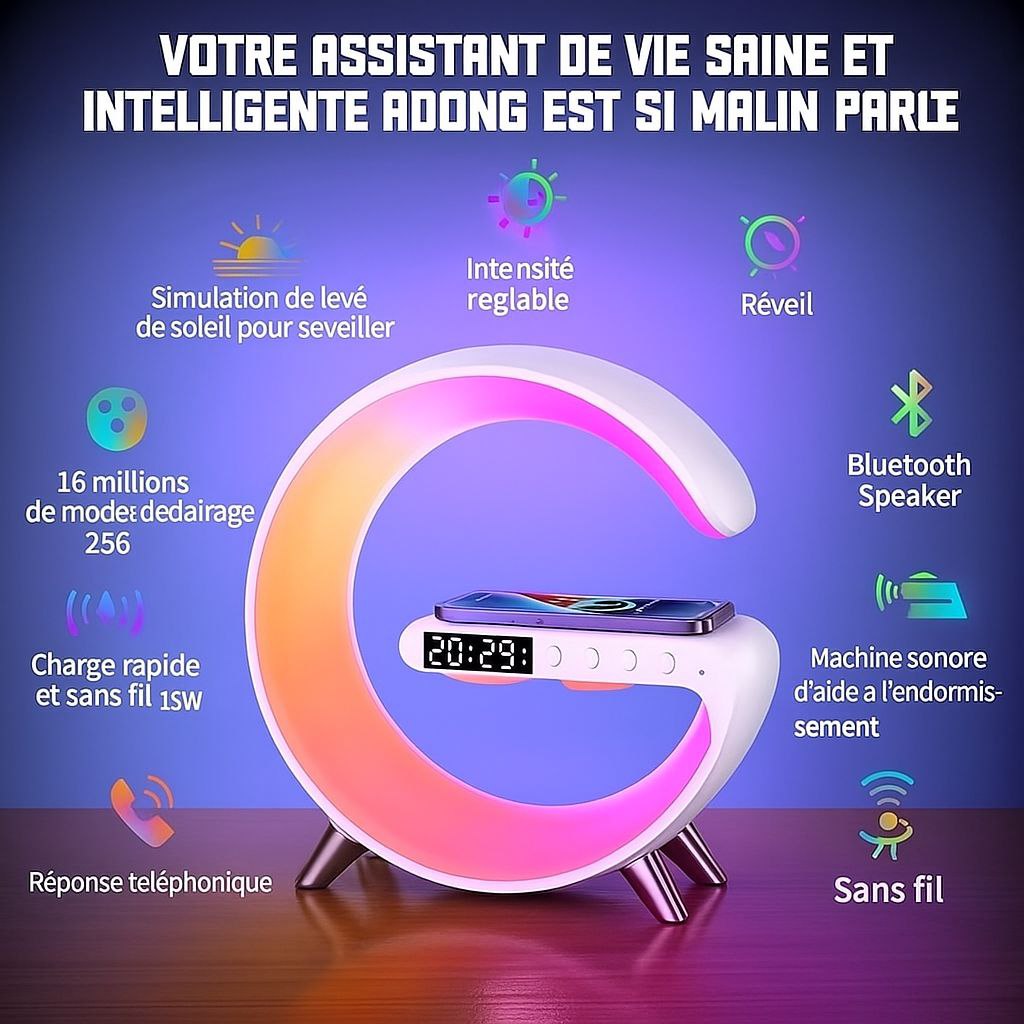 Ensemble haut-parleur Bluetooth Washranp – Réveil et lampe LED colorée – Design en forme de G