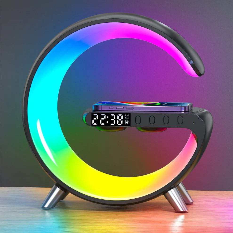 Ensemble haut-parleur Bluetooth Washranp – Réveil et lampe LED colorée – Design en forme de G